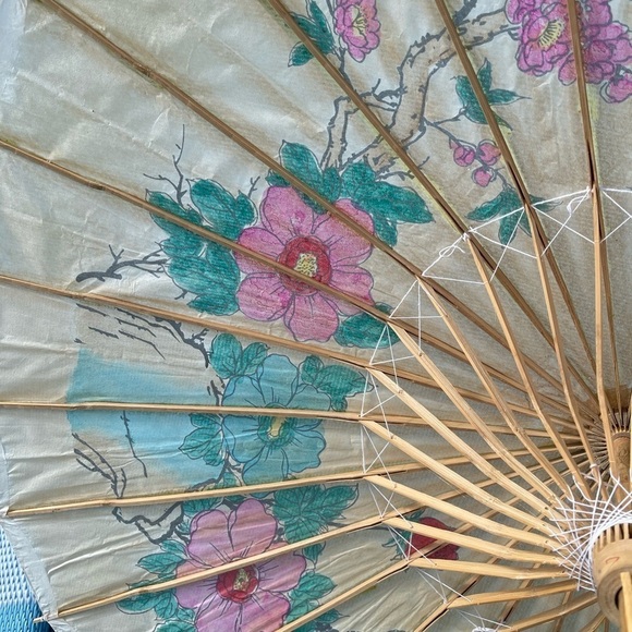 Vintage Rice Paper Umbrella Japanese Bamboo and Wood with Birds Floral F… - Picture 4 of 8